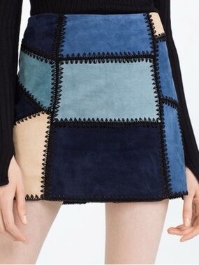 Zara Patchwork Suede Mini Skirt in Navy, Medium Blue & Tan Women’s Size Small